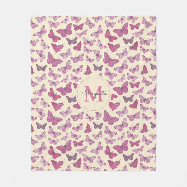 Cute Girly Rosa Butterfly Mönster Namn Monogram Fleecefilt (Framsidan)