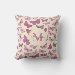 Cute Girly Rosa Butterfly Mönster Namn Monogram Kudde