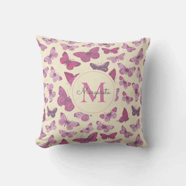 Cute Girly Rosa Butterfly Mönster Namn Monogram Kudde (Framsida)