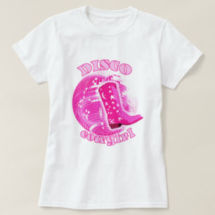 Cute Girly Rosa Disco Boll Cowgirl Boot T Shirt