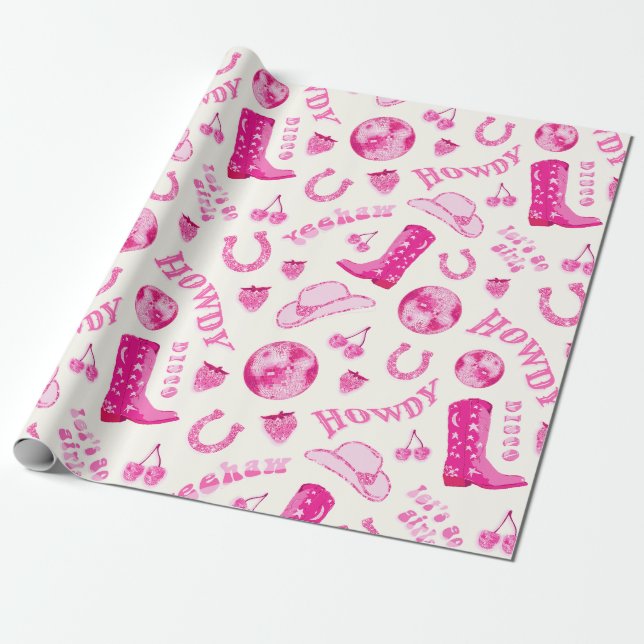 Cute Girly Rosa Disco Cowgirl Aestthetic Presentpapper (Utrullad)