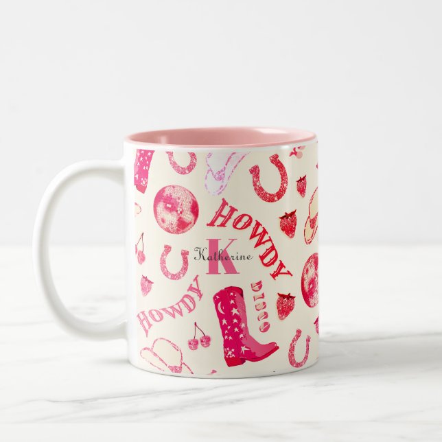 Cute Girly Rosa Disco Cowgirl Namn Monogram Två-Tonad Mugg (Vänster)