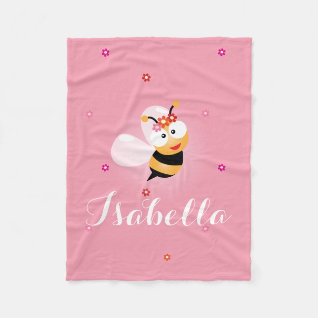 Cute Girly Rosa Flower Girl Baby Bee Tecknad Fleecefilt (Framsidan)