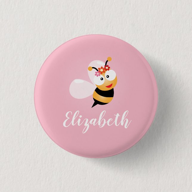 Cute Girly Rosa Flower Girl Baby Bee Whimsical Knapp (Framsida)