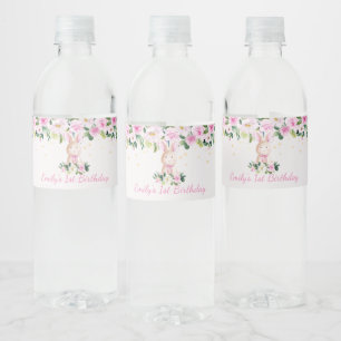 Cute Girly Rosa & Guld Bunny Rabbit Birthday Favor Vattenflaskor Etikett