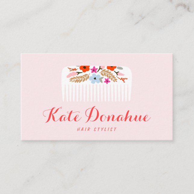 Cute Girly Rosa Hairstylist Blommigt Comb Hair Sal Visitkort (Framsida)