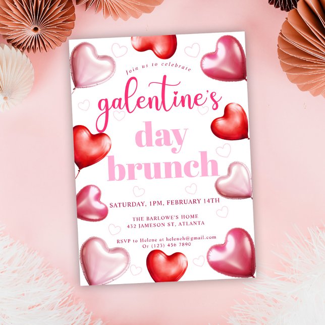 Cute Girly Rosa Hearts Galentines Day Brunch Inbjudningar (Cute Girly Pink Galentine's Day Brunch Invitation)