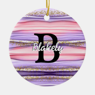 Cute Girly Rosa & Lila Monogram Glitter Gnistra Julgransprydnad Keramik