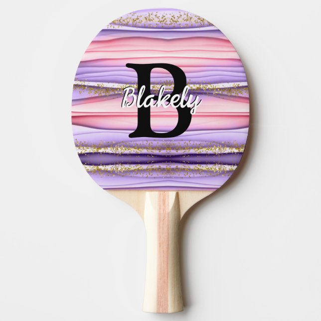 Cute Girly Rosa & Lila Monogram Glitter Gnistra Pingisracket (Framsidan)