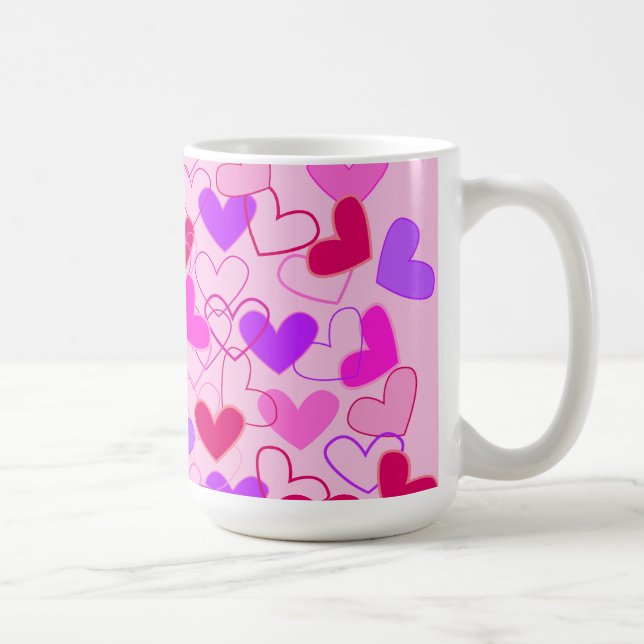 Cute Girly Rosa Lila & Red Hearts Mönster Kaffemugg (Höger)