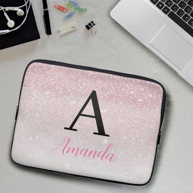 Cute Girly Rosa Monogram Lägg till ditt namn + Inl Laptop Fodral (Skapare uppladdad)