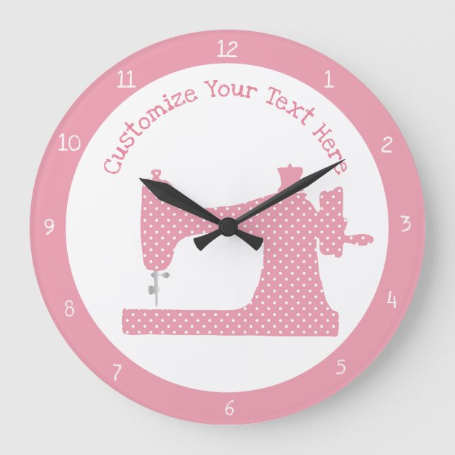 Cute Girly Rosa Polka Dot Sewing Maskin Stor Klocka (Framsida)