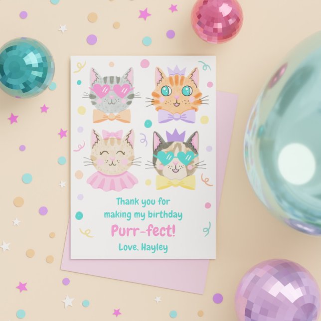 Cute Girly Rosa PurrFect Kattunge Födelsedagsfest Tack Kort (Cute Girly Pink Purr-fect Kitty Cat Birthday Party Thank You Card)