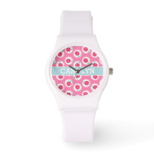 Cute girly rosa raspberry mönster monogram armbandsur