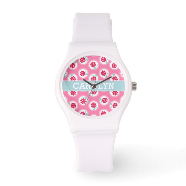 Cute girly rosa raspberry mönster monogram armbandsur (Framsida)