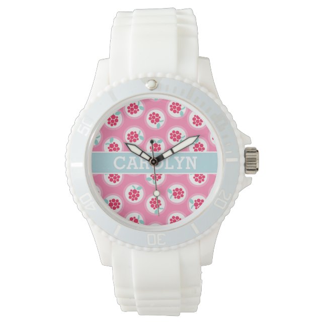 Cute girly rosa raspberry mönster monogram armbandsur (Framsida)