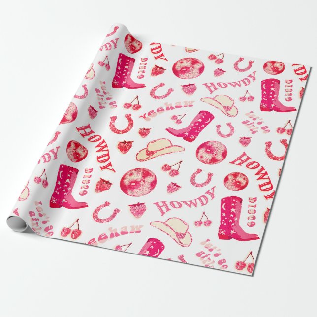 Cute Girly Rosa Red Disco Cowgirl Aestthetic Presentpapper (Utrullad)