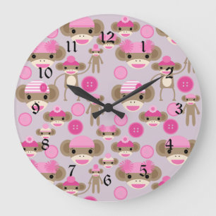 Cute Girly Rosa Sock monkey Girl Girl Mönster Coll Stor Klocka