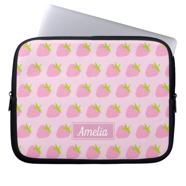 Cute Girly Rosa Strawberry Mönster Personlig Laptop Fodral (Framsidan)