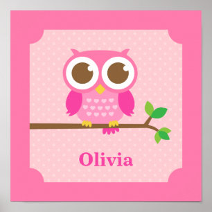 Cute Girly Rosa Uggla på Gren Girls Room Decor Poster