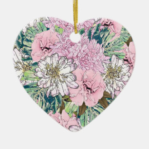 Cute Girly Rosa & vit Blommigt Illustration Julgransprydnad Keramik