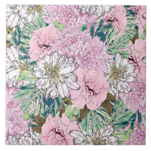 Cute Girly Rosa & vit Blommigt Illustration Kakelplatta