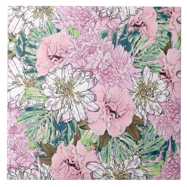 Cute Girly  Rosa & vit Blommigt Illustration Kakelplatta (Framsidan)