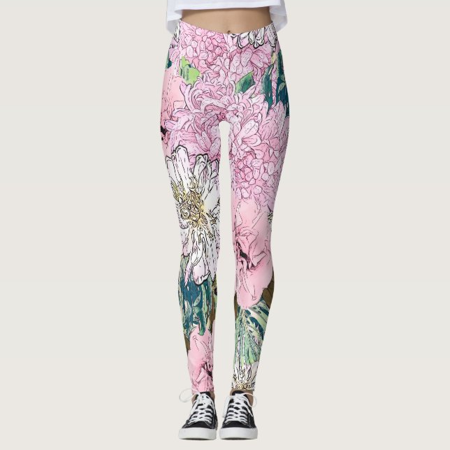 Cute Girly  Rosa & vit Blommigt Illustration Leggings (Framsida)