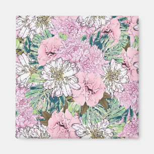 Cute Girly Rosa & vit Blommigt Illustration Magnet