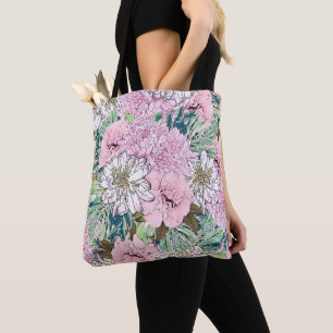 Cute Girly Rosa & vit Blommigt Illustration Tygkasse