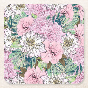 Cute Girly Rosa & vit Blommigt Illustration Underlägg Papper Kvadrat
