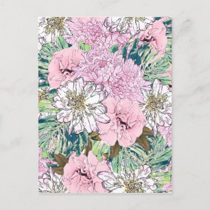 Cute Girly  Rosa & White Blommigt Illustration Helg Vykort