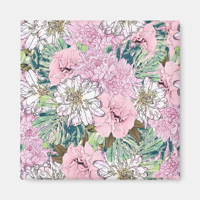 Cute Girly  Rosa & White Blommigt Illustration Magnet (Framsidan)