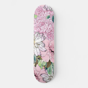 Cute Girly  Rosa & White Blommigt Illustration Mini Skateboard Bräda 18,5 Cm
