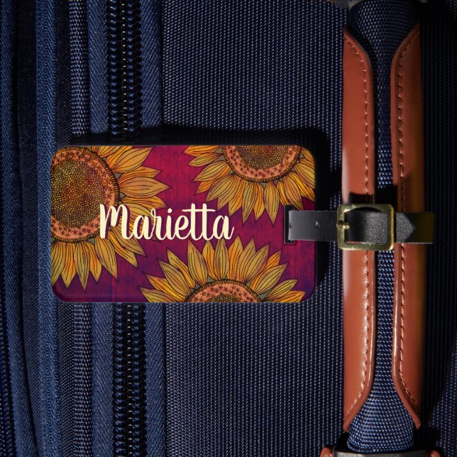 Cute Girly Rustic Boho Burgundy Lila Solros Bagagebricka (Framsida Insitu 4)