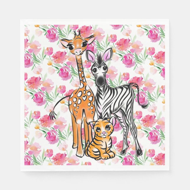 Cute girly Safari-vänner, giraffe, zebra, tiger Pappersservett (Framsidan)