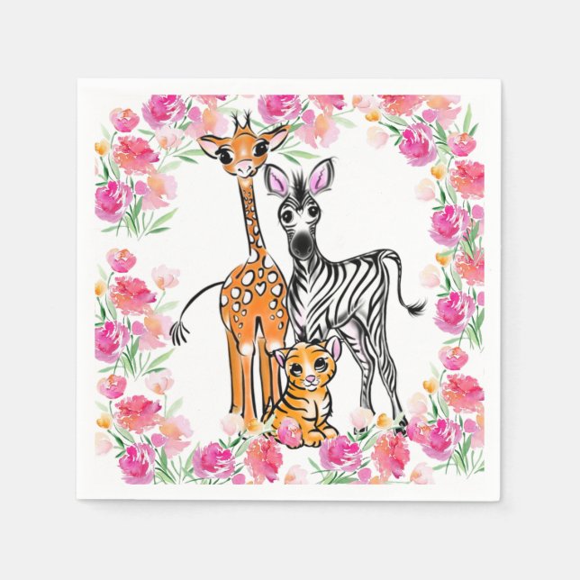 Cute girly Safari-vänner, giraffe, zebra, tiger Pappersservett (Framsidan)