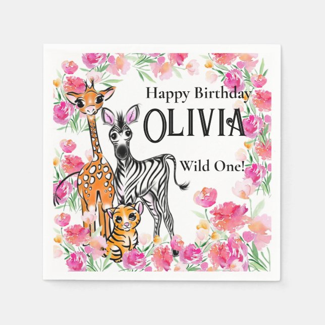 Cute girly Safari-vänner, giraffe, zebra, tiger Pappersservett (Framsidan)