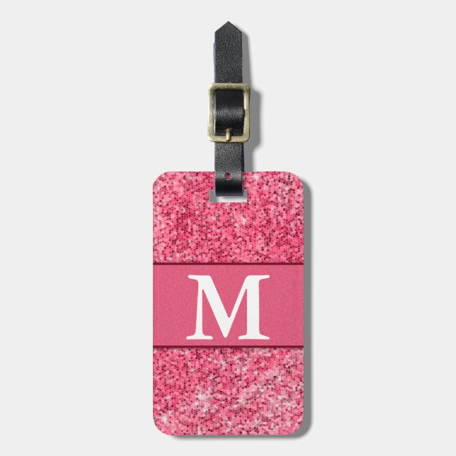 Cute Girly Shock rosa Red Glitter Monogram-kontakt Bagagebricka (Vertikal Framsida)