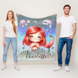 Cute Girly "Sjöjungfru under Sea" Red Hair Fleecefilt