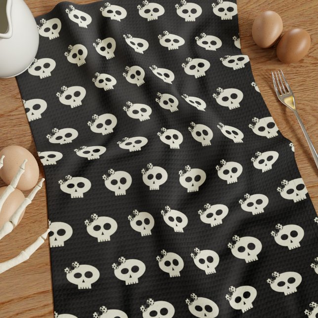 Cute Girly Skull Mönster Black Halloween Kökshandduk (Cute skull pattern kitchen towel for your Halloween Kitchen)