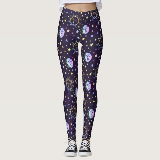 Cute Girly Stars Sol och Måne Söt Magic Lila Leggings (Framsida)