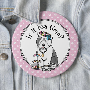 Cute Girly Tea Party Old English Sheepdog (Grått 1 Knapp
