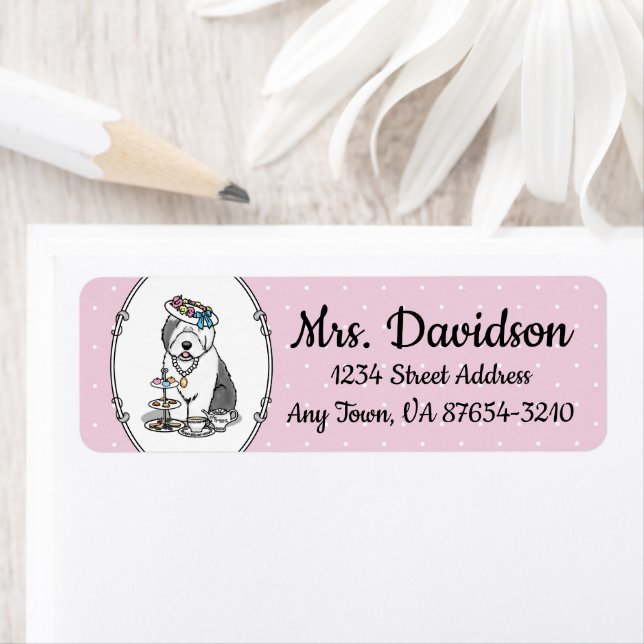 Cute Girly Tea Party Old English Sheepdog (Grått 1 Returadress Etikett (Insitu)