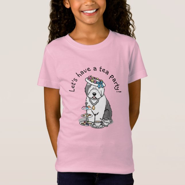 Cute Girly Tea Party Old English Sheepdog (Grått 1 T Shirt (Framsida)