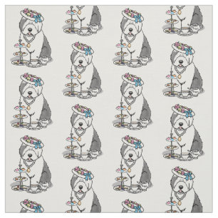 Cute Girly Tea Party Old English Sheepdog (Grått 1 Tyg