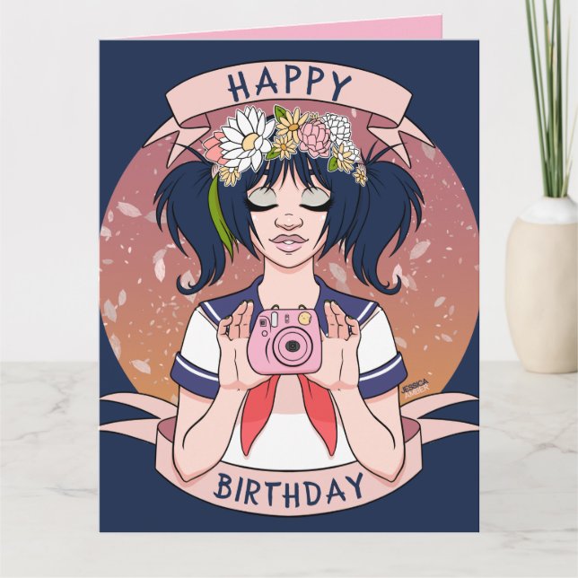 Cute Girly Tecknad Selfie Girl Camera Birthday Kort (Framsida)