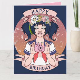 Cute Girly Tecknad Selfie Girl Camera Birthday Kort