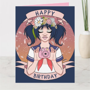 Cute Girly Tecknad Selfie Girl Camera Birthday Kort