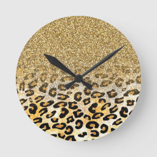 Cute girly trendig gult guld faux glitter leopard rund klocka